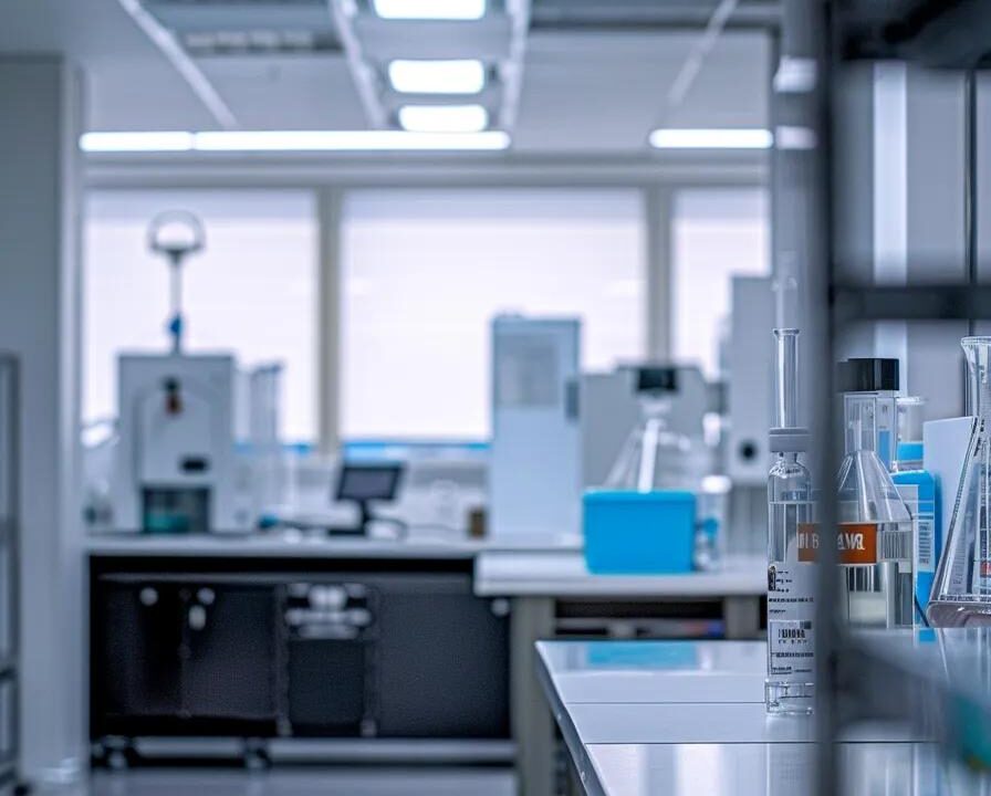a modern pharmaceutical manufacturing office, featuring sleek equipment and a quality control lab, showcases a confident professional discussing strategic plans for starting a successful pharma franchise with a focus on rigorous standards and support in a bright, sterile environment.