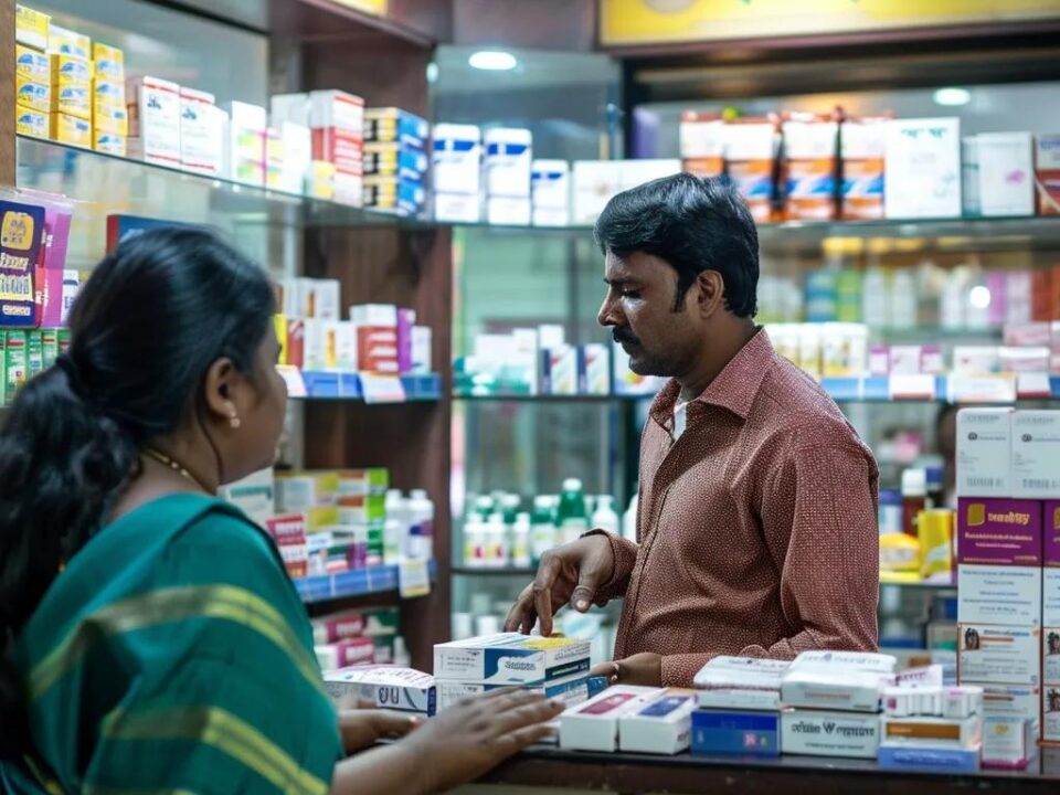 Pharmacist assisting customers in a modern pharmacy in Odisha, showcasing a variety of pharmaceutical products